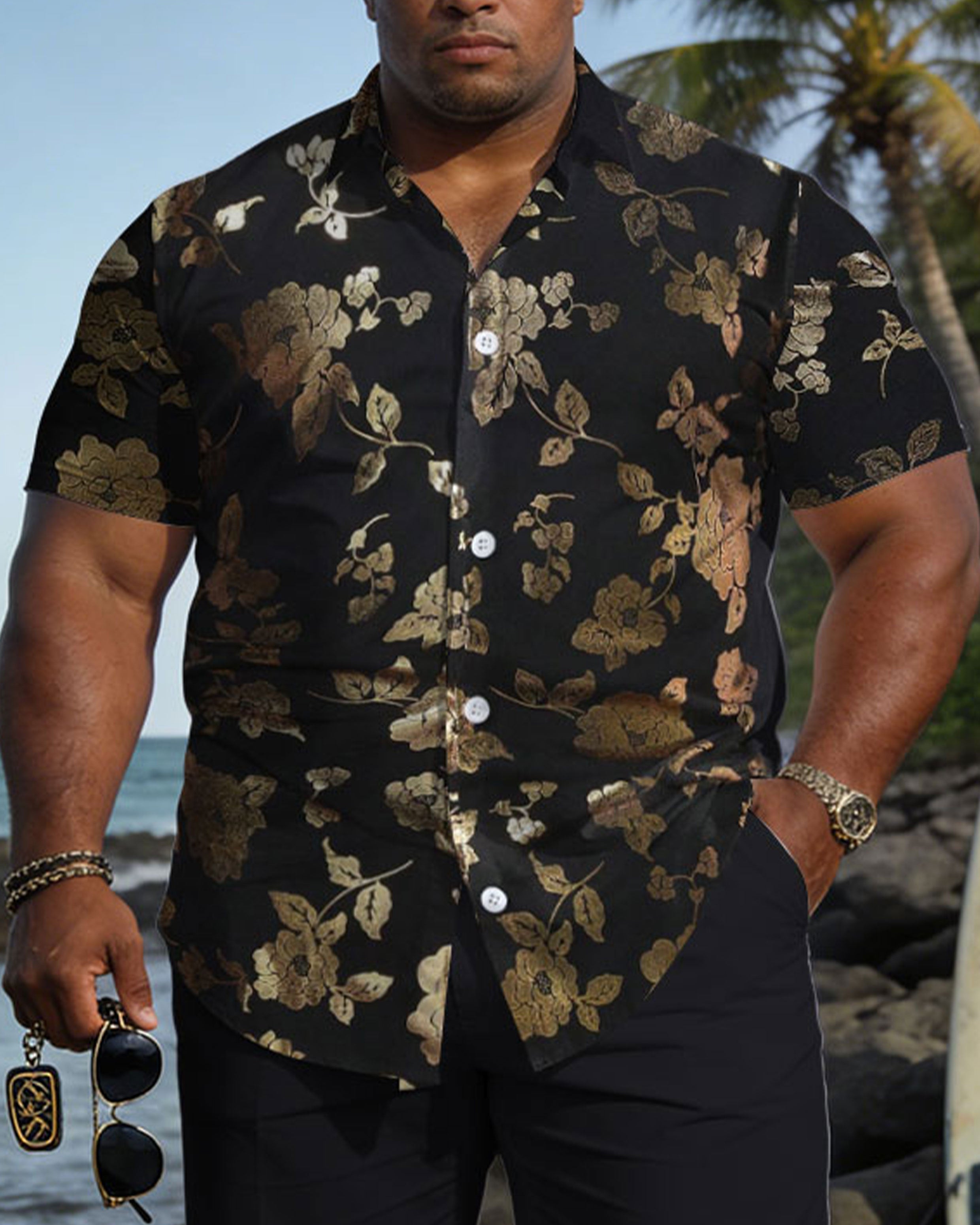 Big & Tall Men's Black And Gold Rose Pattern Short Sleeve Shirt Shorts Set