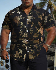 Big & Tall Men's Black And Gold Rose Pattern Short Sleeve Shirt Shorts Set