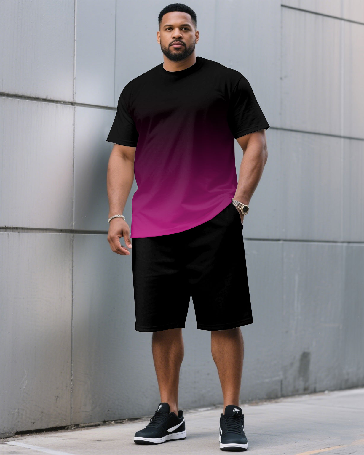 Men's Plus Size Casual Black & Red Chest Gradient Fashion Round Neck Short Sleeve T-Shirt and Shorts Suit