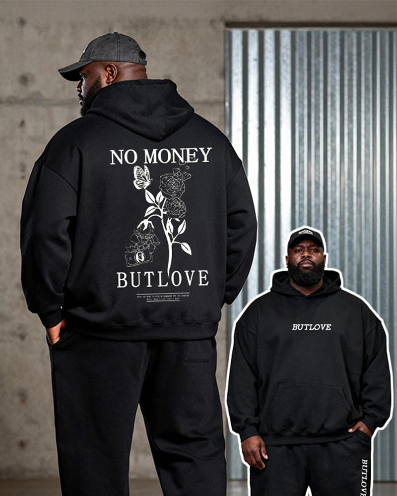 Big & Tall Men's Black "NO MONEY BUT LOVE" Floral Butterfly Print Hoodie Set