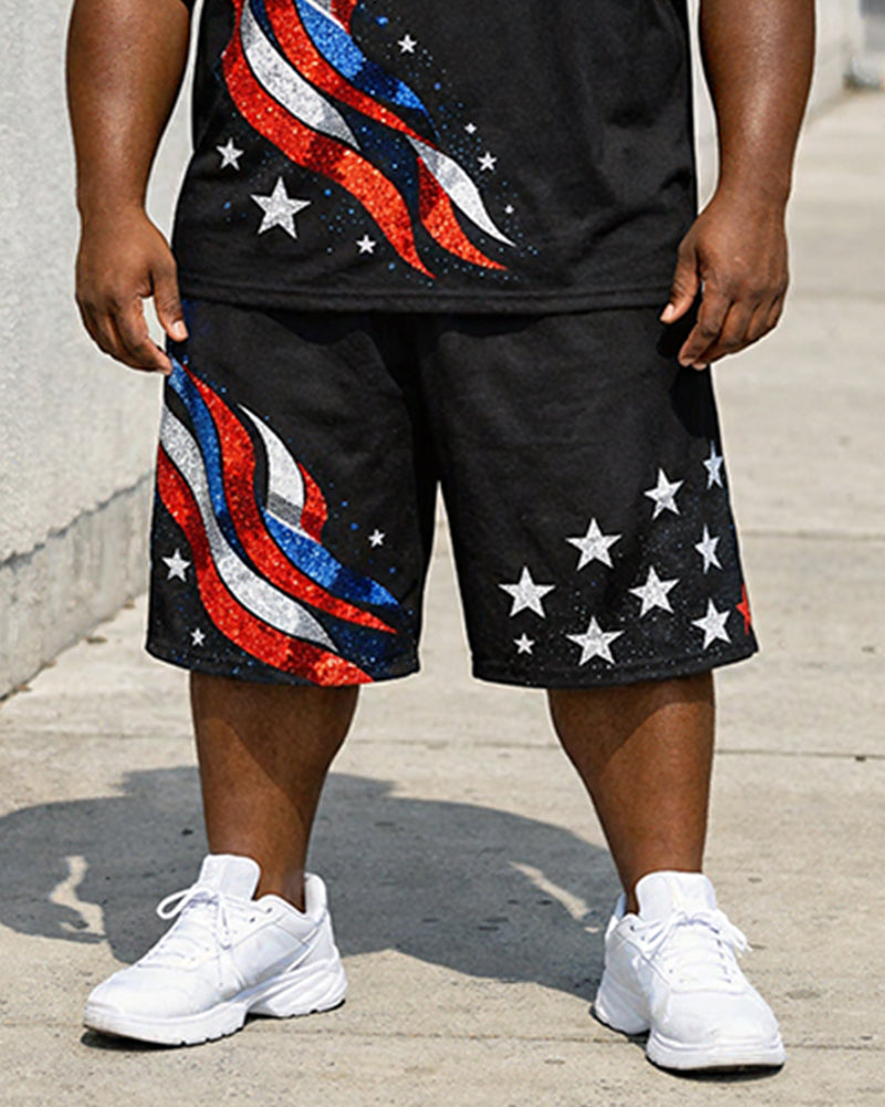 Big & Tall Men's American Flag Eagle Star Print Round Neck Short Sleeve T-Shirt Shorts Set