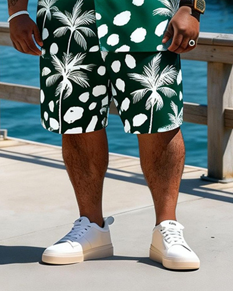 Big & Tall Men's Blue And White Splash Ink Coconut Printed Short Sleeve Shirt Shorts Set