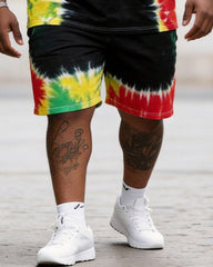Big & Tall Men's 1865 Tie-dye Red, Yellow And Green Printed Crew Neck Short Sleeve T-shirt Shorts Set