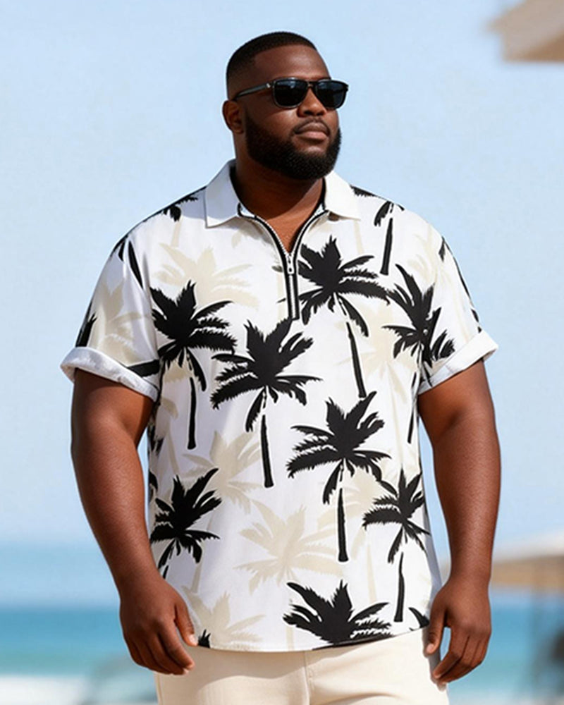 Big & Tall Men's Black And White Coconut Print Zipper Polo Short Sleeve Pants Set