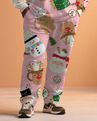 Big & Tall Men's Christmas Pink Cartoon Graffiti Print Long Sleeve T-Shirt Pants Set