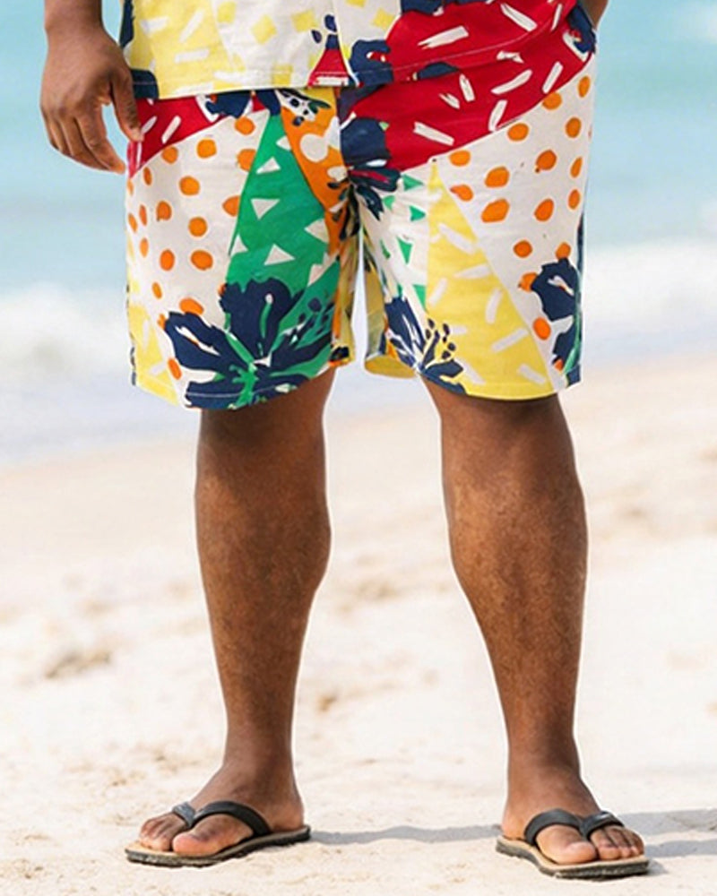 Big & Tall Men's Colorful Polo Hibiscus Flower Printed Short Sleeve Shirt Shorts Set