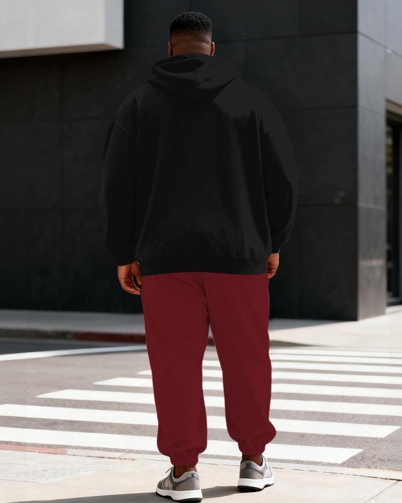 Big & Tall Men's Wine Red Contrast Geometric Print Hoodie Set