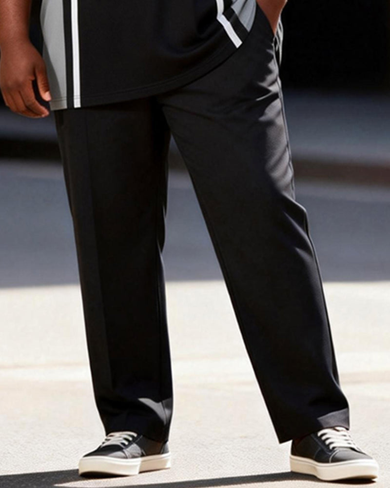 Big & Tall Men's Black And Grey Contrast Stripe Printed Zipper Polo Short Sleeve Pants Set