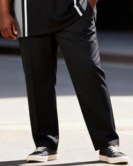 Big & Tall Men's Black And Grey Contrast Stripe Printed Zipper Polo Short Sleeve Pants Set