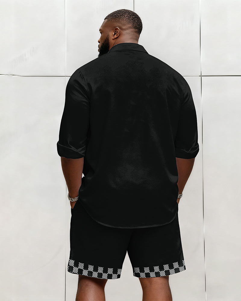 Big & Tall Men's Business Plaid Striped Print Long Sleeve Shirt Shorts Set