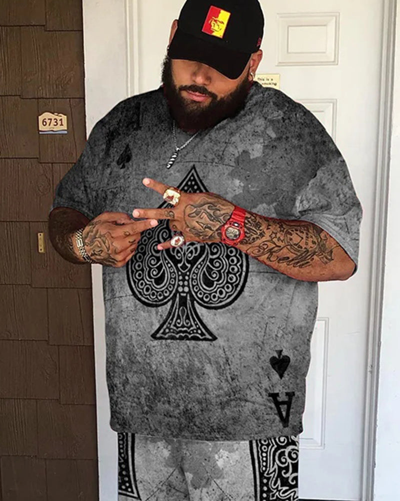 Big & Tall Men's Distressed Grey Spades Print Round Neck Short Sleeve T-Shirt Shorts Set