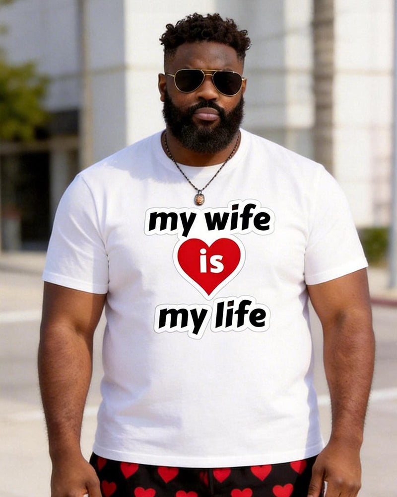 Big & Tall Men's "my Wife Is My Life" Red Love Printed Crew Neck Short Sleeve T-shirt Shorts Set