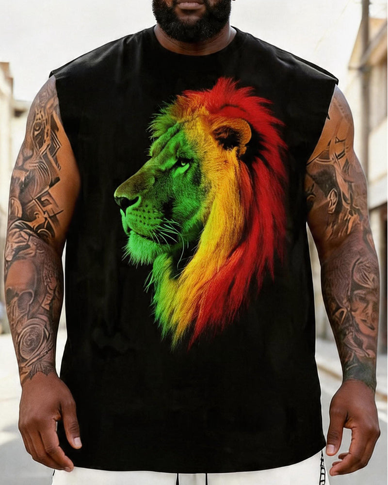 Big & Tall Men's Red, Yellow, And Green Gradient Side-Profile Lion Head Print Crewneck Athletic Tank Top