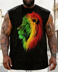 Big & Tall Men's Red, Yellow, And Green Gradient Side-Profile Lion Head Print Crewneck Athletic Tank Top