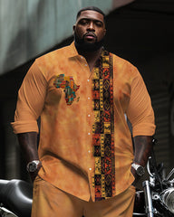 Big & Tall Men's Warm Brown Africa Map Totem Print Long Sleeve Shirt Pants Set
