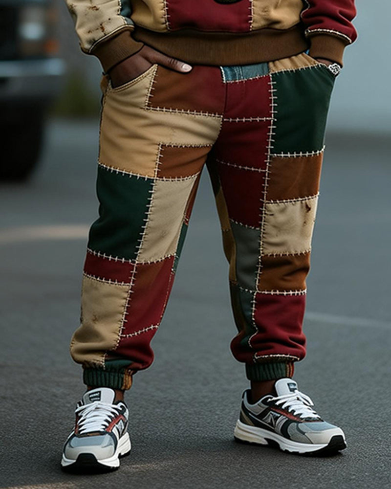 Big & Tall Men's African Map Patchwork Printed Round Neck Sweatshirt Set