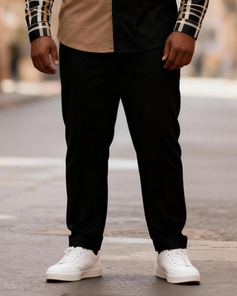 Big & Tall Men's Khaki Black Contrast Check Print Long Sleeve Shirt Trousers Set