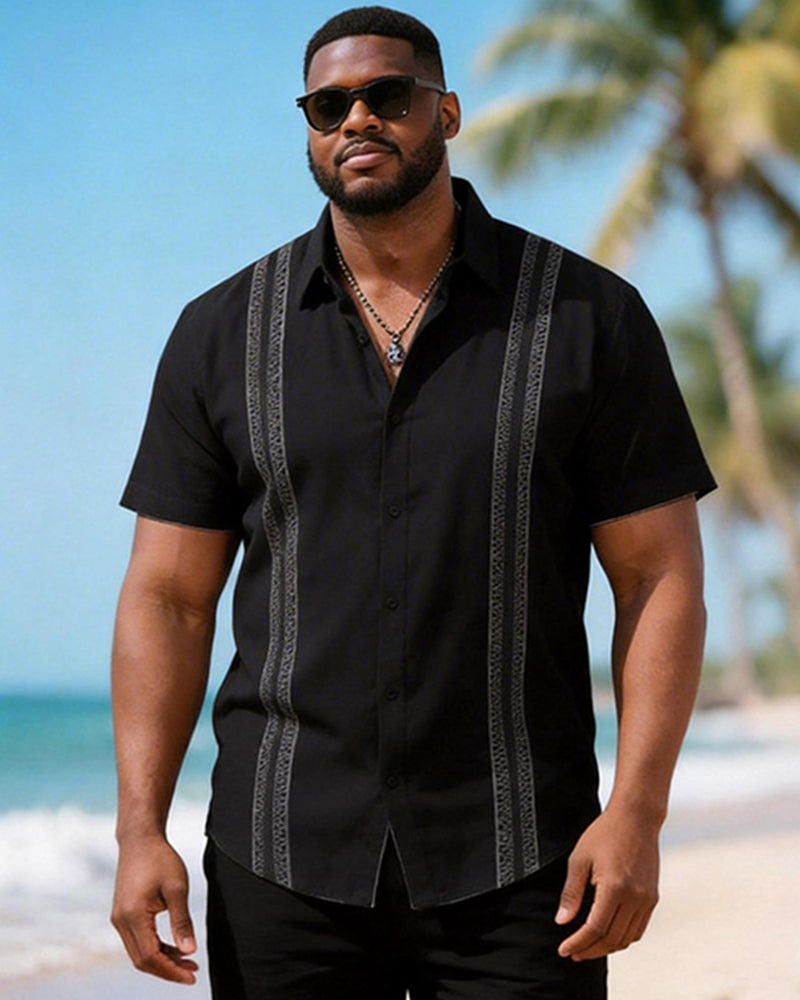 Big & Tall Men's Black Exquisite Striped Print Short Sleeve Shirt Shorts Set