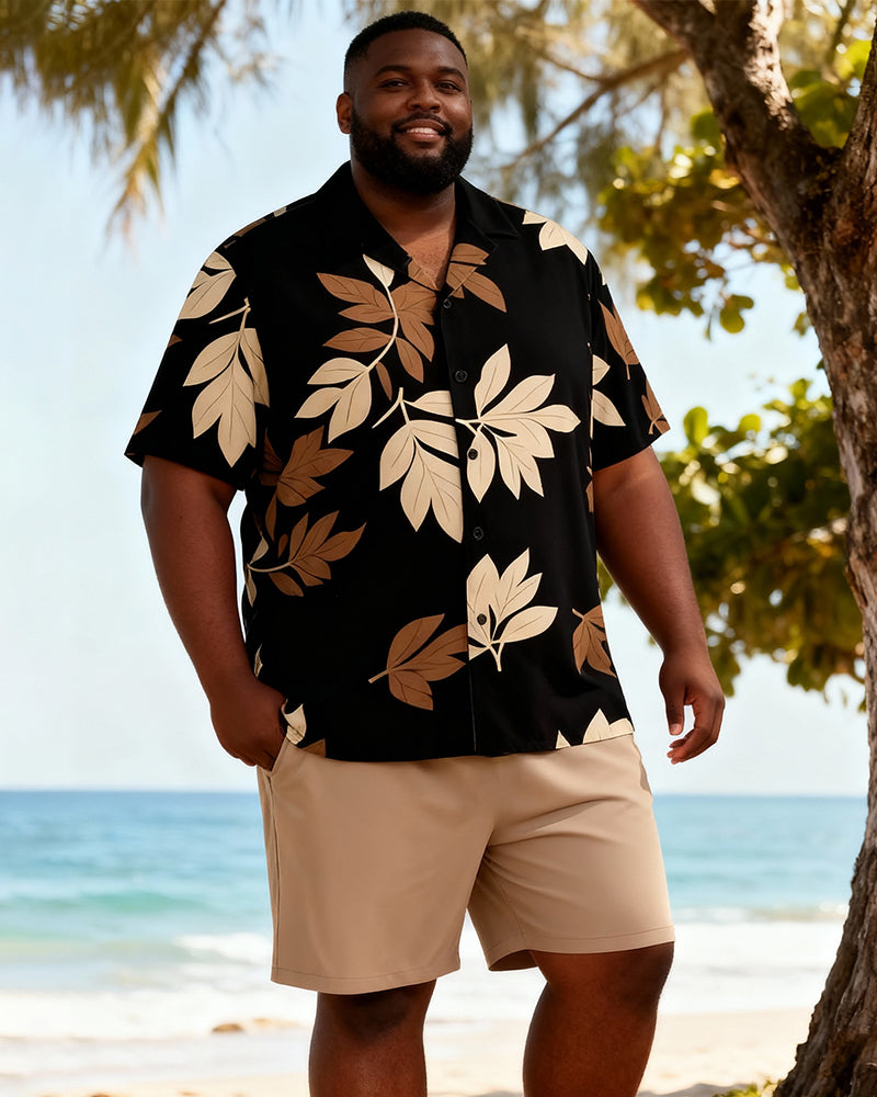 Big & Tall Men's Black Card Leaf Print Short Sleeve Shirt And Shorts Set