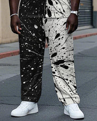 Big Guy's Splicing Black & White Ink Spash Printed Short Sleeve T-shirt Pants Set