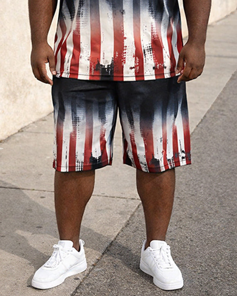 Big & Tall Men's American Flag Cross Splash Ink Star Printed Round Neck Short Sleeve T-Shirt Shorts Set