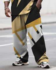 Big & Tall Men's Casual Yellow And Black Geometric Stripe Printed Long Sleeve T-Shirt Pants Set