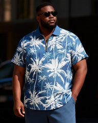 Big & Tall Men's Blue And White Coconut Tie-Dye Printed Zipper Polo Short Sleeve Pants Set