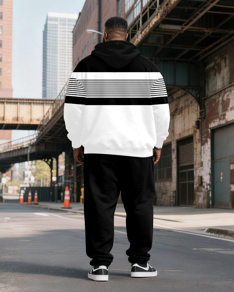 Big & Tall Men's Black And White Stripe Patchwork Printed Hoodie Set