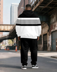 Big & Tall Men's Black And White Stripe Patchwork Printed Hoodie Set