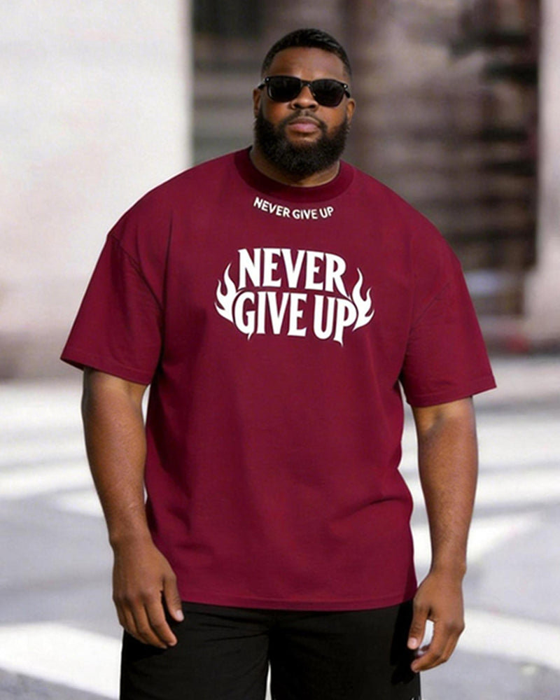 Big & Tall Men's Flame Letter NEVER GIVE UP Printed Round Neck Short Sleeve T-Shirt Shorts Set
