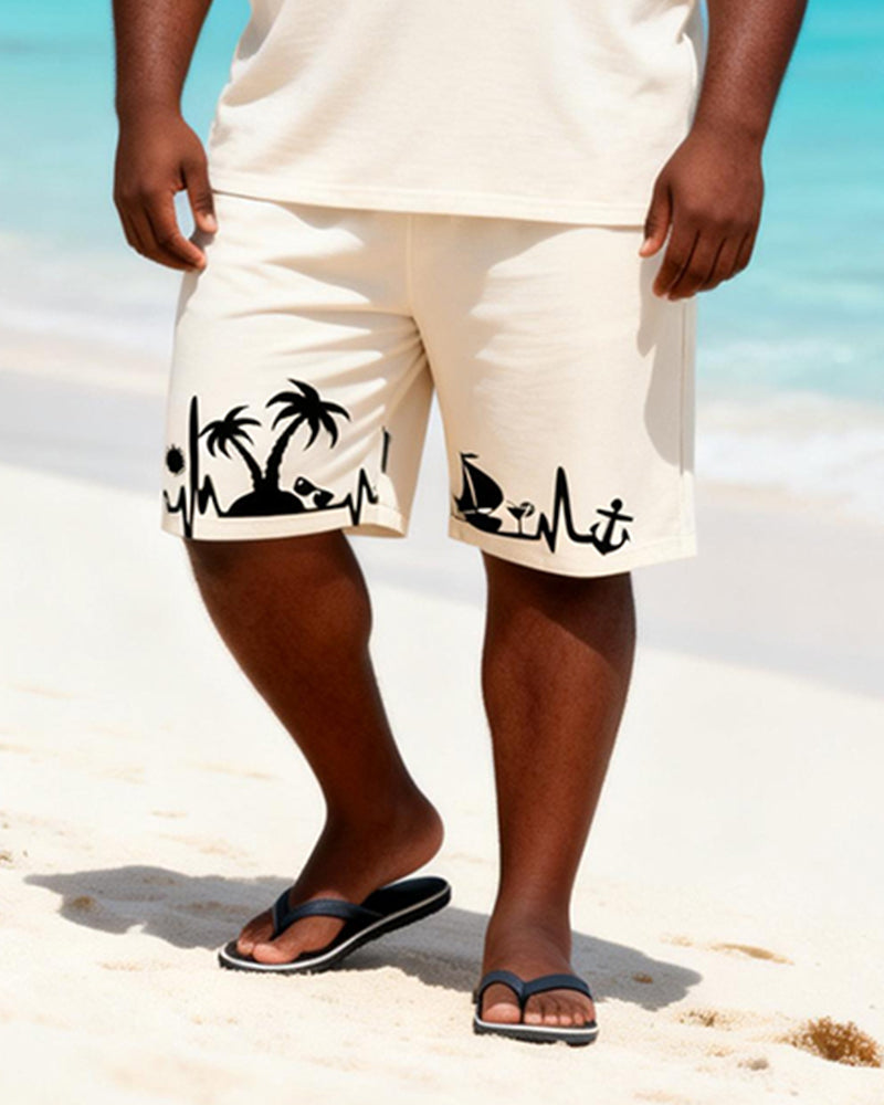 Big & Tall Men's White Beach ECG Printed Crewneck Short Sleeve T-Shirt Shorts Set