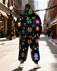 Big & Tall Men's Black Neon Christmas Print Hoodie Set