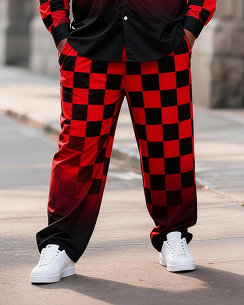Big & Tall Men's Red And Black Checkerboard Gradient Print Long Sleeve Shirt Pants Set