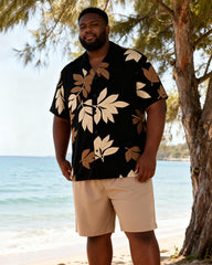 Big & Tall Men's Black Card Leaf Print Short Sleeve Shirt And Shorts Set