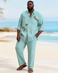 Big & Tall Men's Light Green Bamboo Parrot Printed Long Sleeve Shirt Pants Set