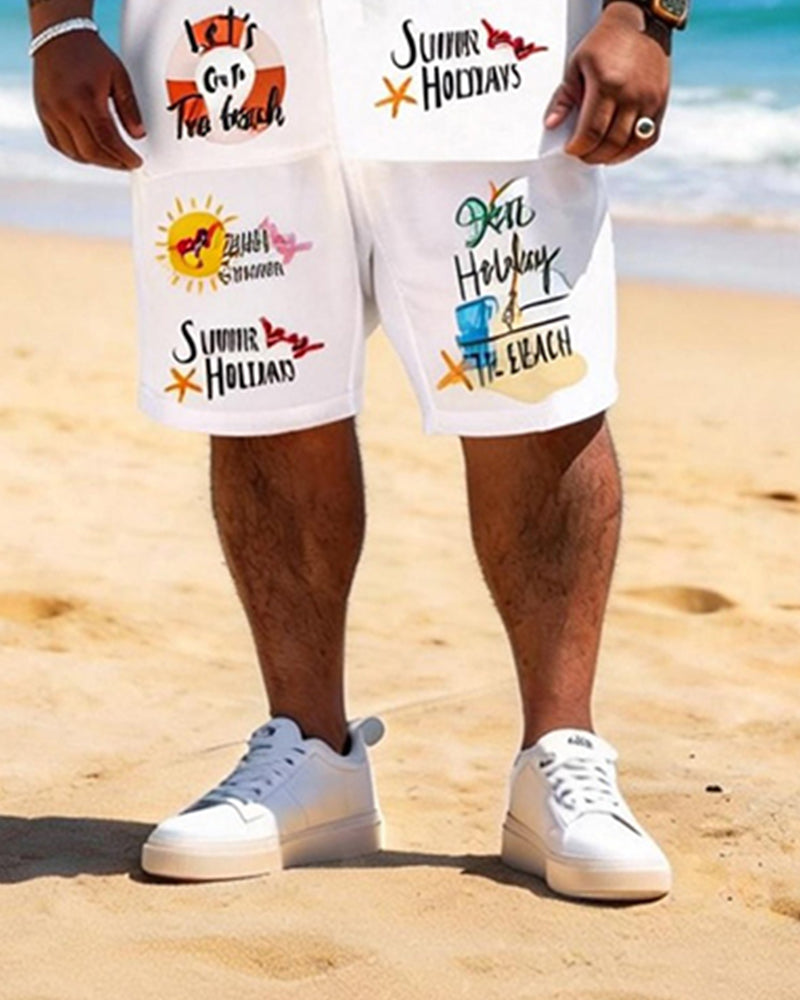 Big & Tall Men's Summer Vacation Theme Printed Short Sleeve Shirt Shorts Set