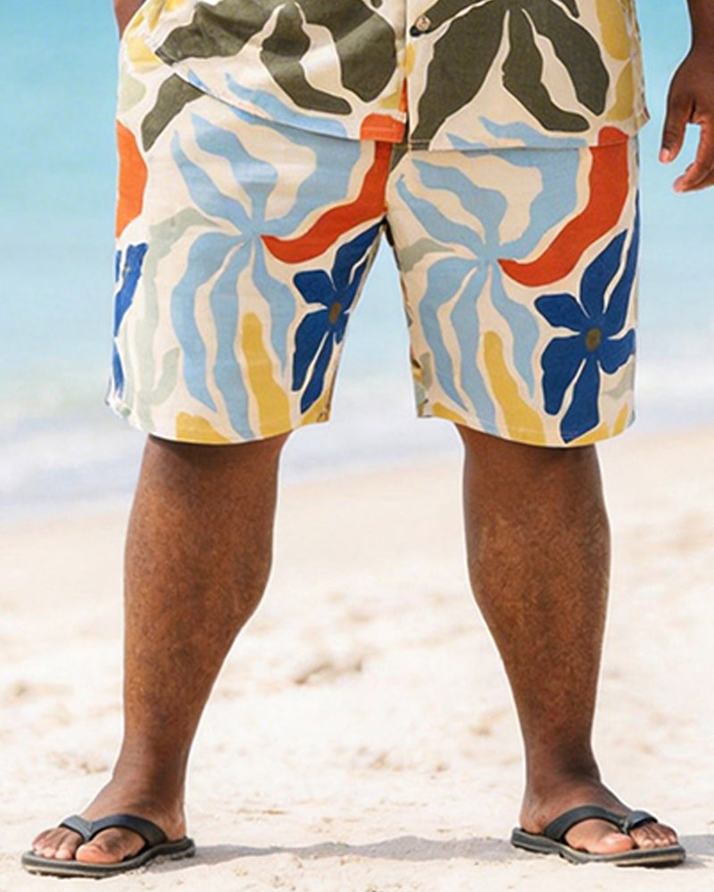 Big & Tall Men's Morandi Color Contrast Large Flower Print Short Sleeve Shirt And Shorts Set