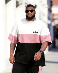 Big & Tall Men's Pink White Black Color Matching King Letter Printed Round Neck Short Sleeve T-shirt Shorts Set