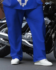 Big & Tall Men's Sapphire Blue African Totem Print Long Sleeve Shirt Trousers Set