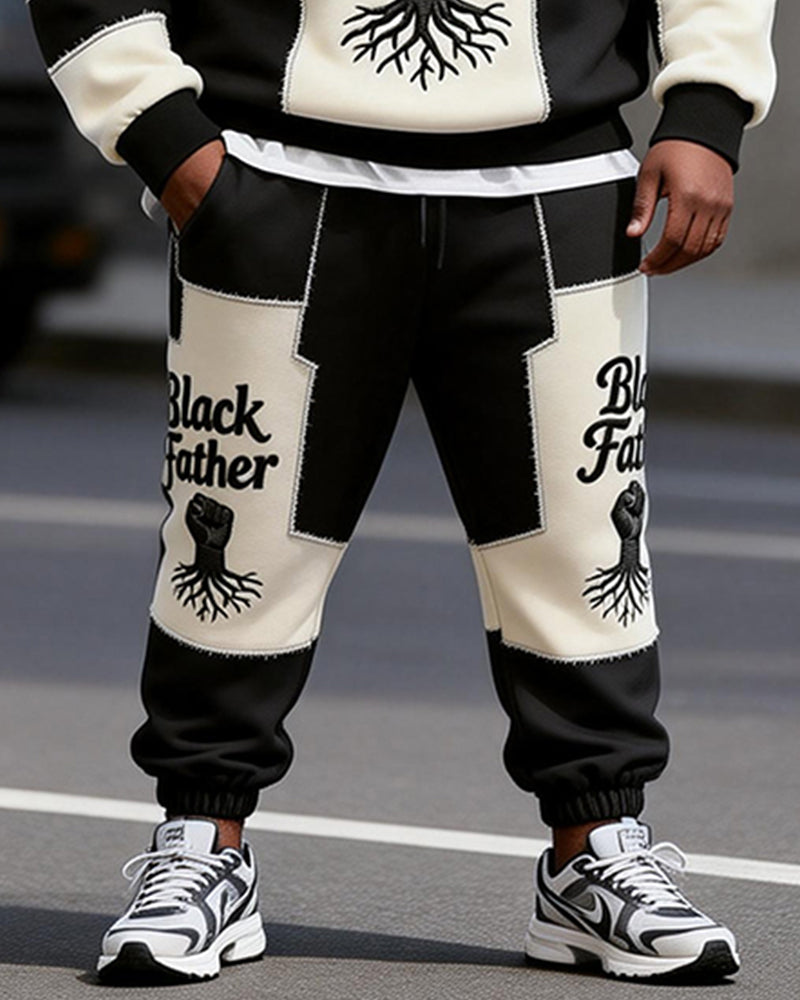 Big & Tall Men's Black Father Black And White Patchwork Printed Round Neck Sweater Set