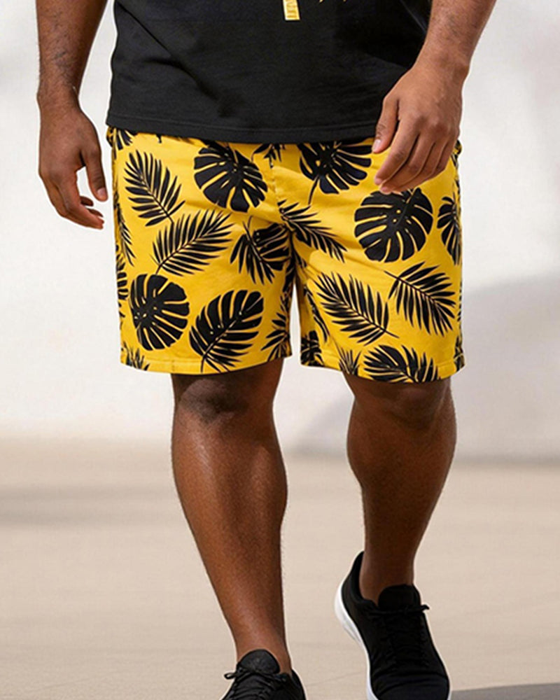 Big & Tall Men's Coconut Tree Turtle Bamboo Leaf Printed Crewneck Short Sleeve T-Shirt Shorts Set