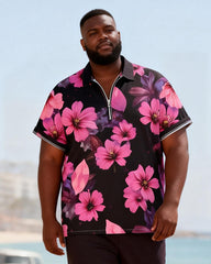 Big & Tall Men's Tropical Pink Floral Print Zipper Polo Short Sleeve Pants Set