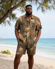 Big & Tall Men's Brown Coconut Retro Printed Short Sleeve Shirt Shorts Set