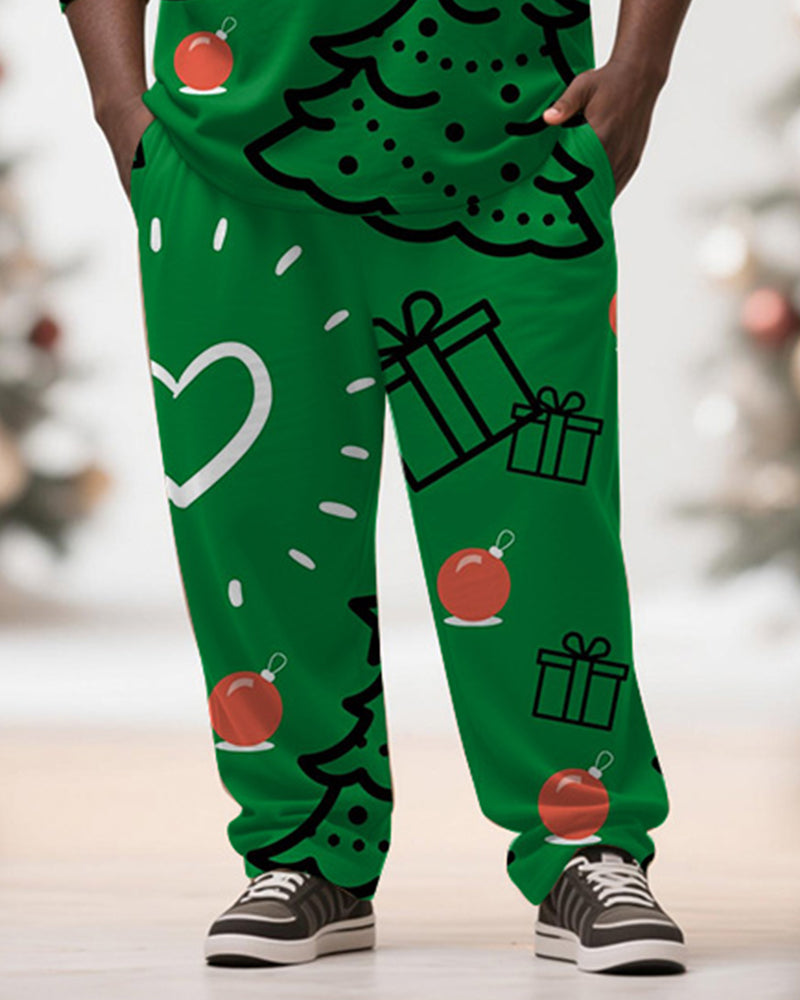 Big & Tall Men's Christmas Tree Green Graffiti Print Long Sleeve T-Shirt Pants Set