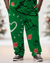 Big & Tall Men's Christmas Tree Green Graffiti Print Long Sleeve T-Shirt Pants Set