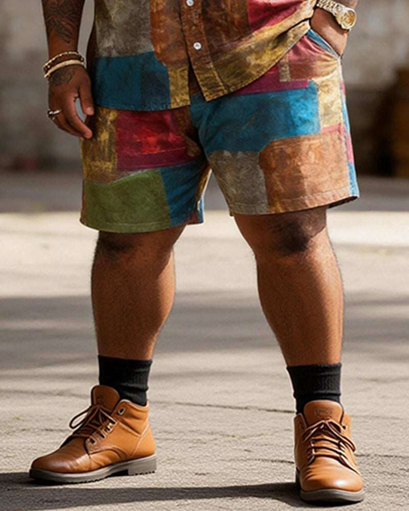 Big & Tall Men's Colorblock Patch Printed Short Sleeve Shirt Shorts Set