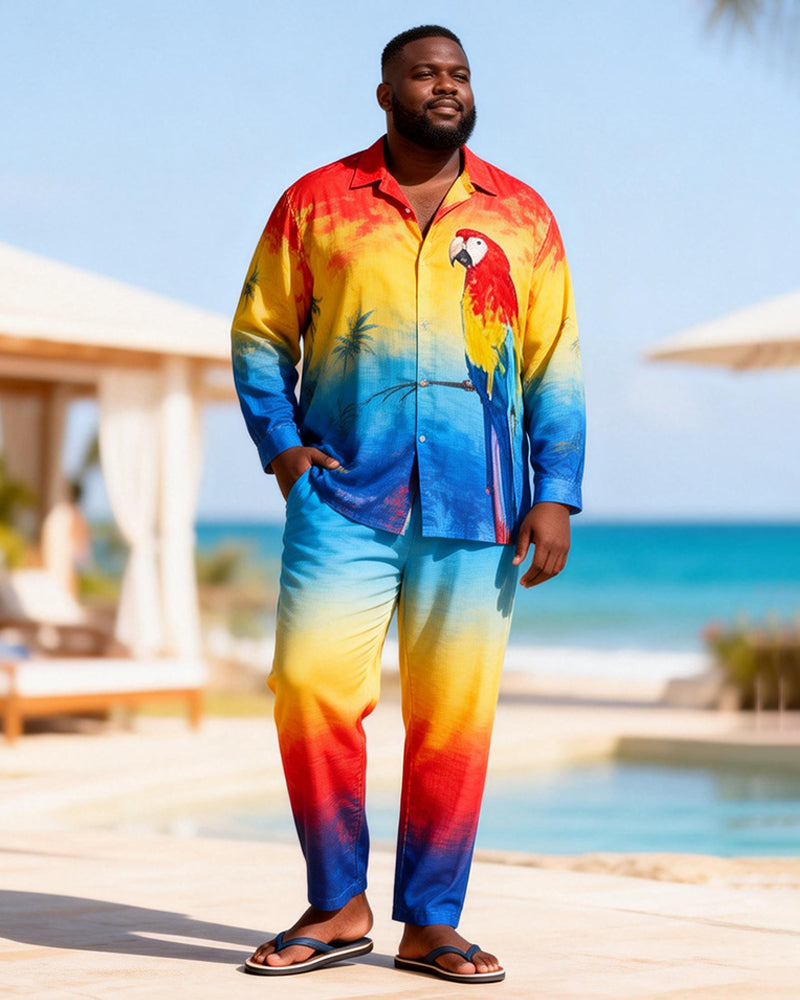 Big & Tall Men's Rainbow Gradient Parrot Print Long Sleeve Shirt Pants Set