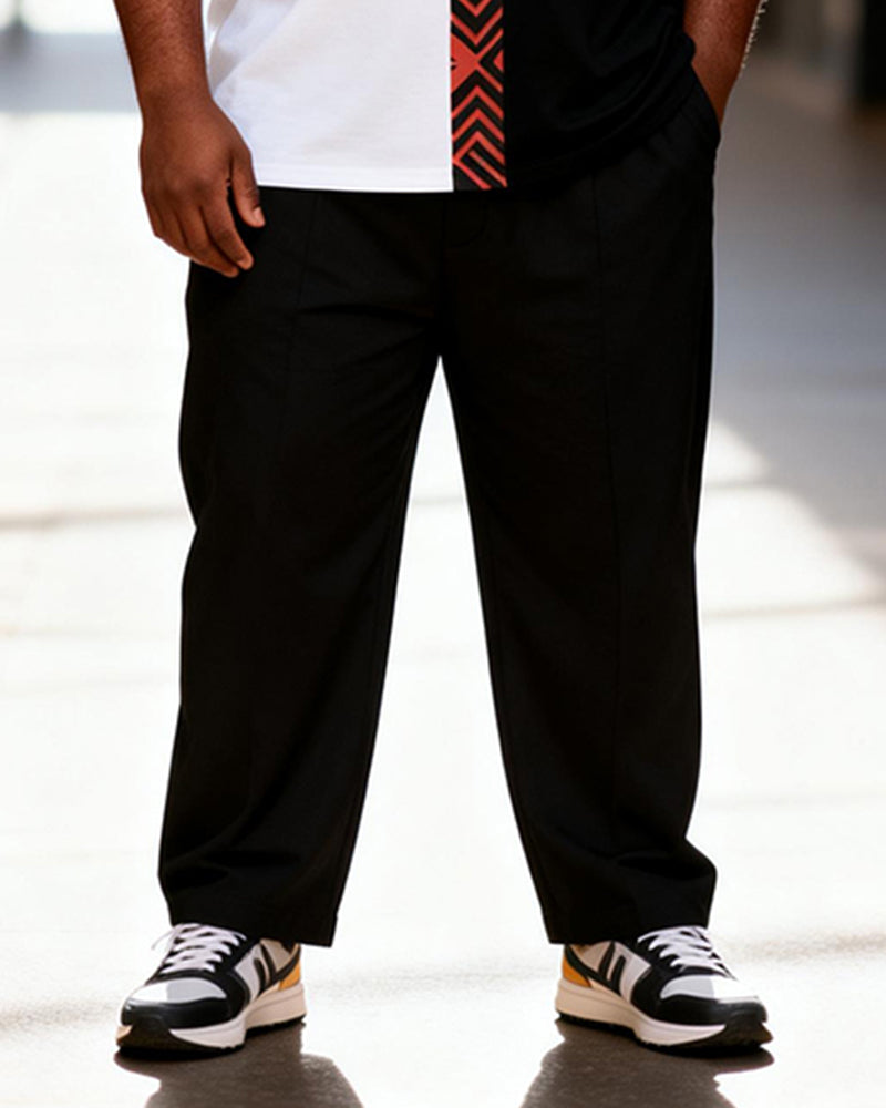 Big & Tall Men's Black And White Red Geometric Stitching Printed T-shirt Trousers Set