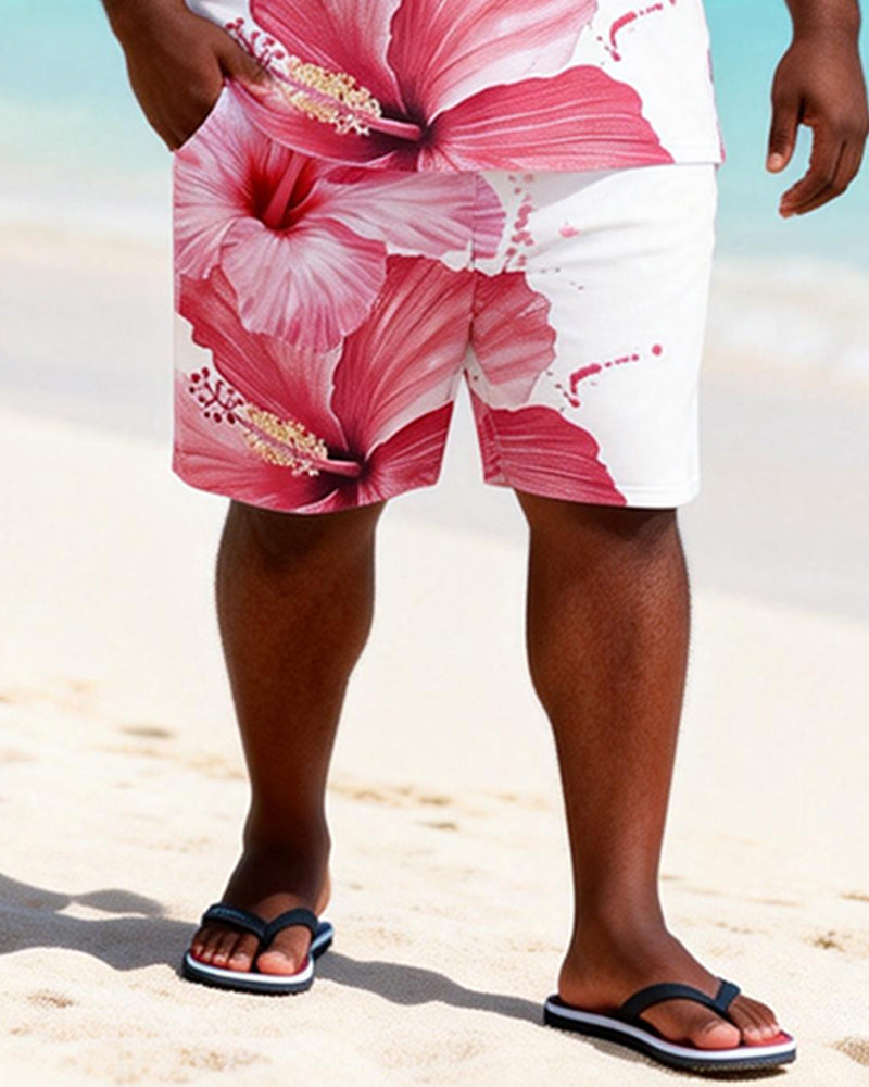 Big & Tall Men's Summer Hibiscus Flower Printed Crewneck Short Sleeve T-Shirt Shorts Set