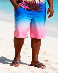 Big & Tall Men's Pink Blue Gradient Coconut Tree Printed Round Neck Short Sleeve T-Shirt Shorts Set